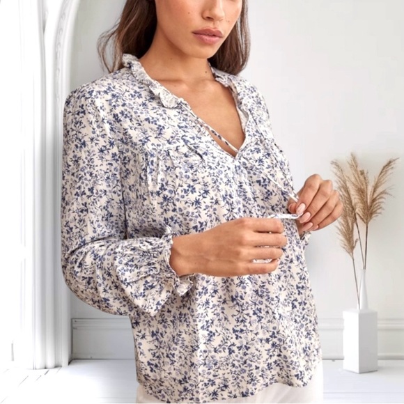 REFORMATION Micro Floral Print Puff Long Sleeve Ruffle Collar Tie V-Neck Top XS - Picture 1 of 7